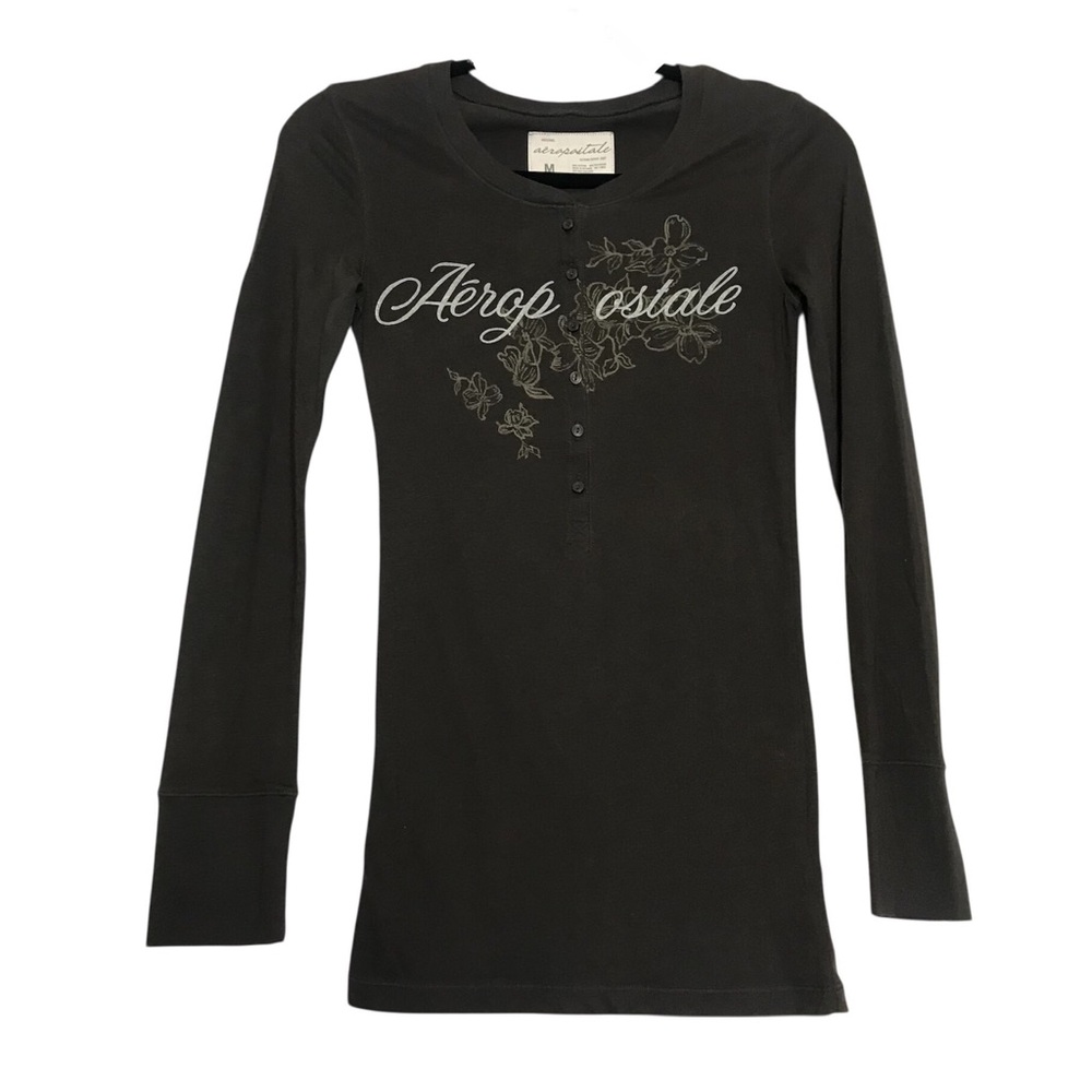 Aeropostale Preppy Y2K Brown Graphic Print Henley Long Sleeve Top Womens Size M - Picture 1 of 5